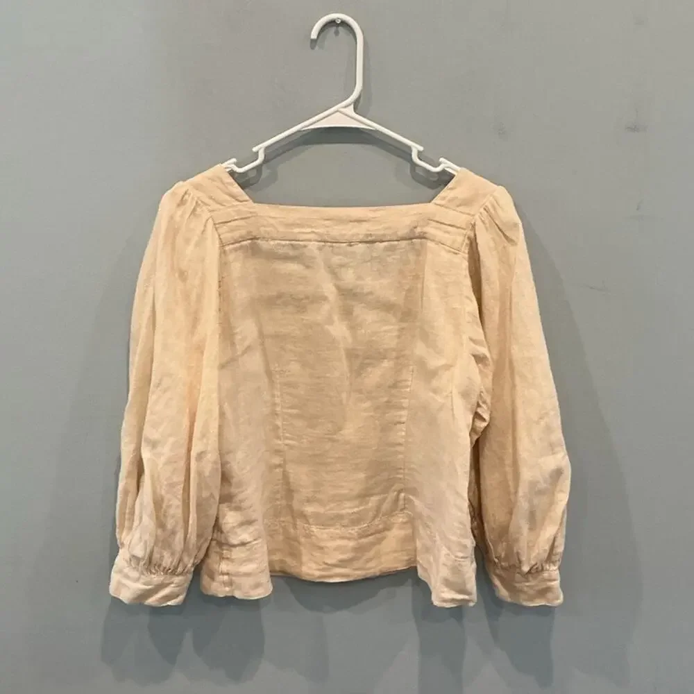 JCrew Womens Linen Button Up Square Neck Top Beige Cottage Romantic Euro Summer - Picture 5 of 7